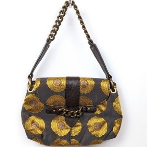 J. Crew Silk Purse Chain Strap Flap Bag Medallion Print Faux Leather Trim Brown